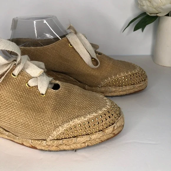 STUART WEITZMAN Canvas Gold Studded Slingback Tan Espadrille Wedge Luxury VTG - Picture 2 of 14